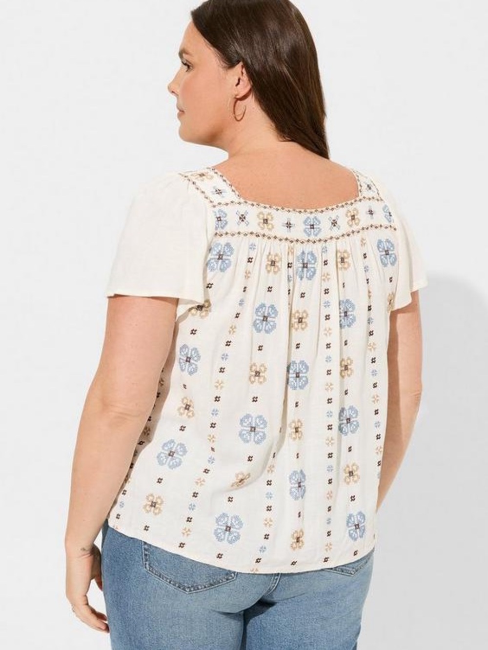 Torrid Beach Linen Eyelet Trim Shirt Embroidered Square neck top - Picture 2 of 6
